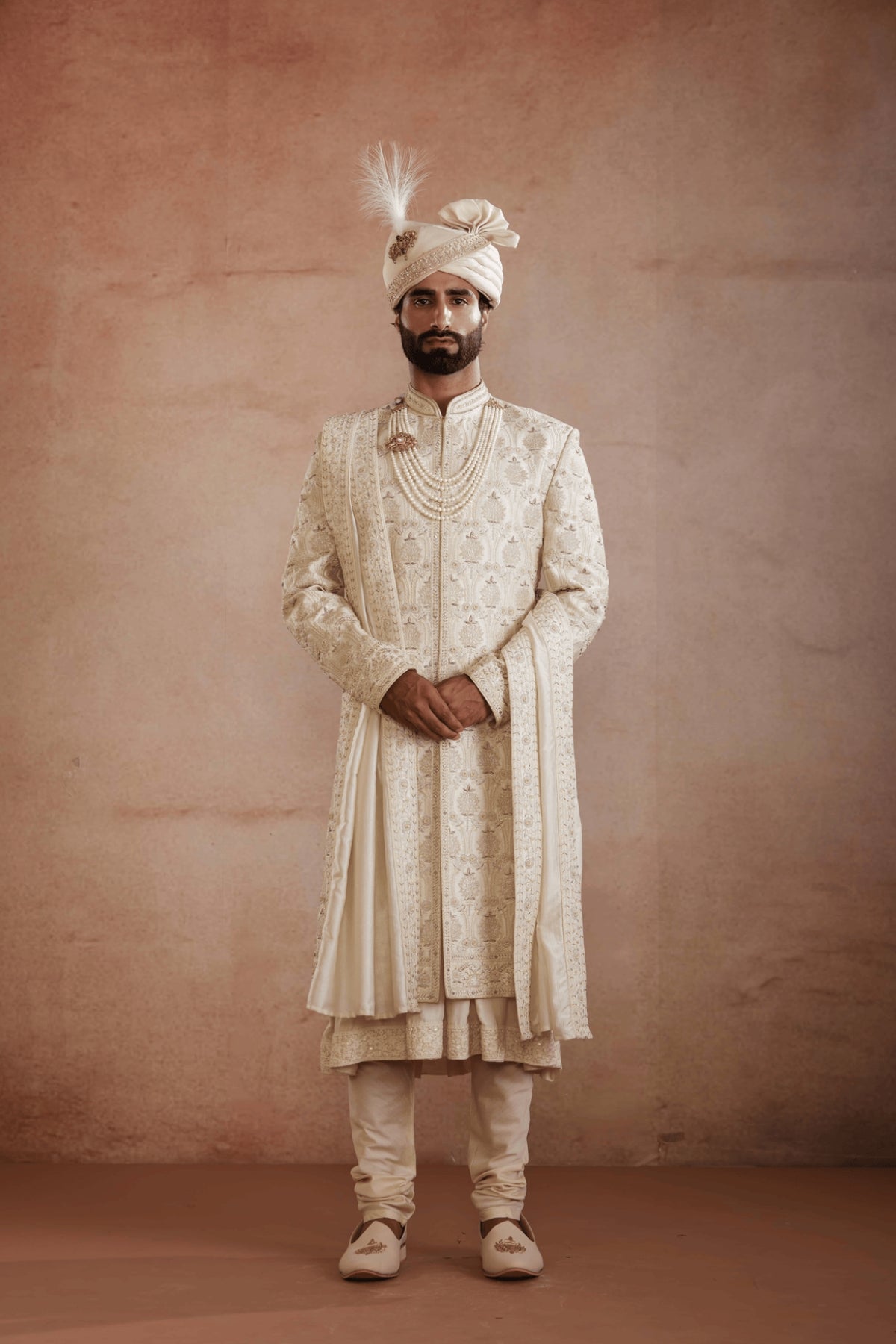 Cream Raw Silk Sherwani with Zardosi Embroidery