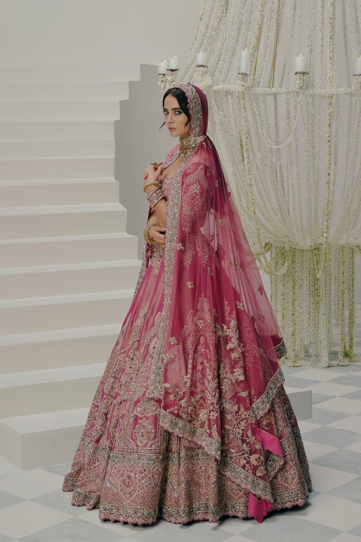 Rose Pink Dabka Embroidered Bridal Lehenga