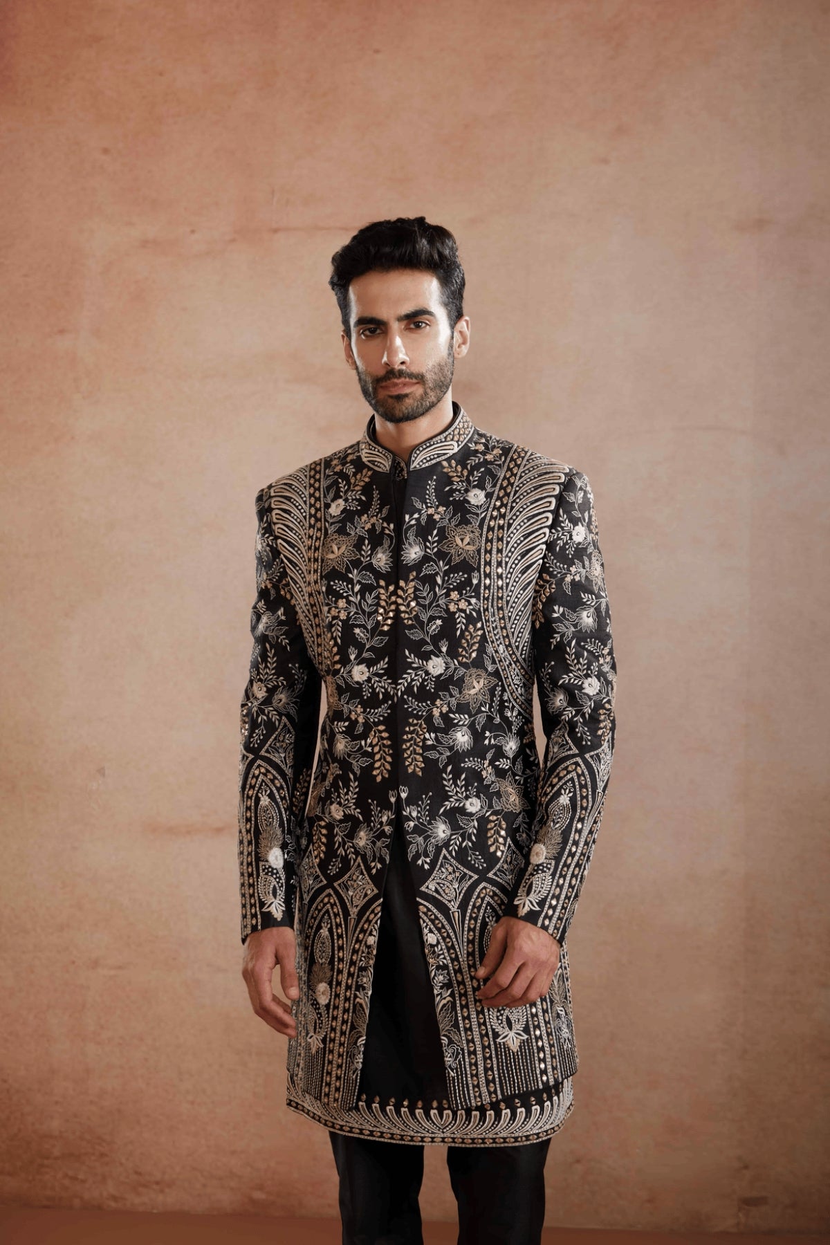 Black Raw Silk Indo-Western with Mirror & Zari work