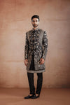 Black Raw Silk Indo-Western with Mirror & Zari work