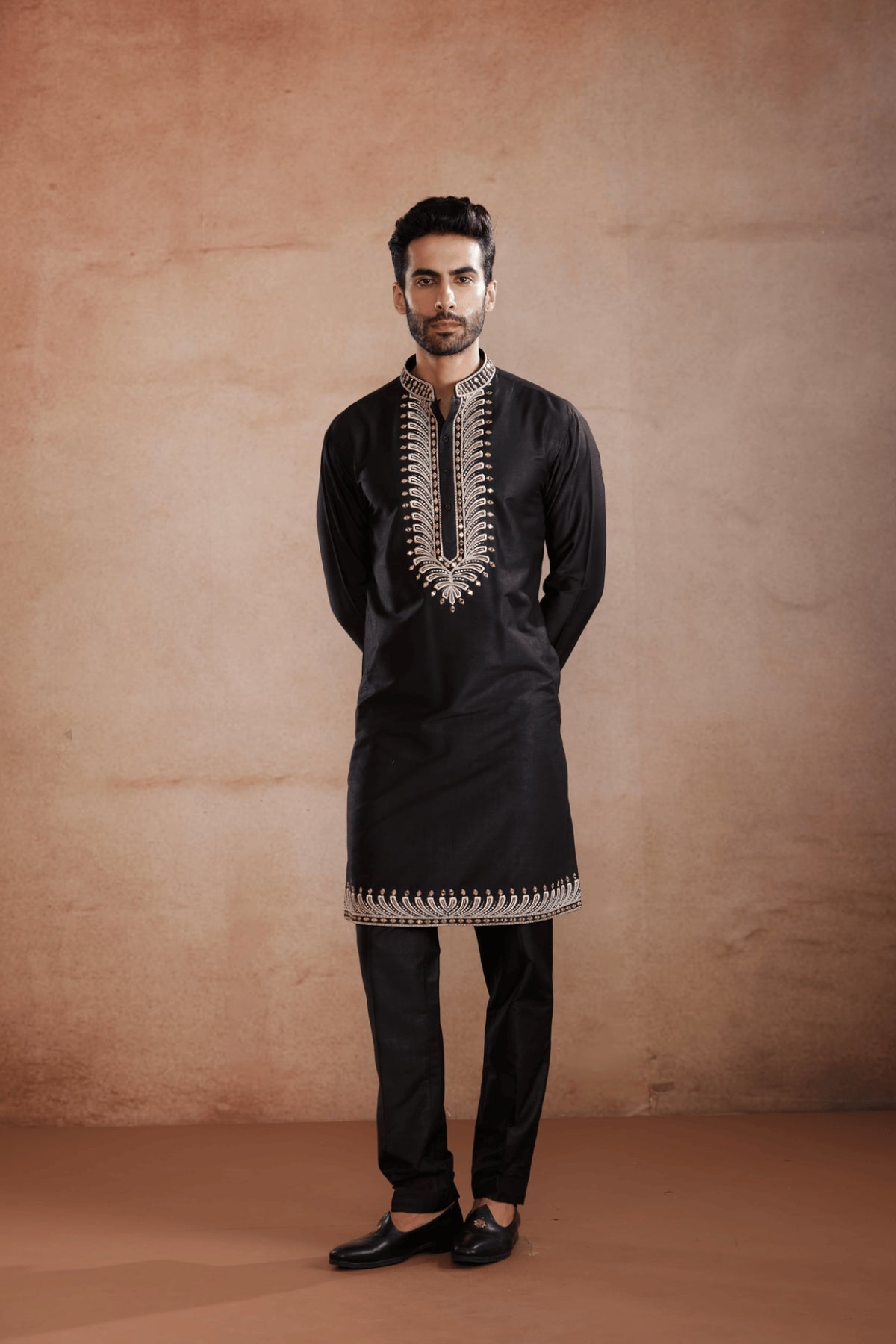 Black Raw Silk Indo-Western with Mirror & Zari work