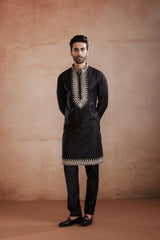 Black Raw Silk Indo-Western with Mirror & Zari work