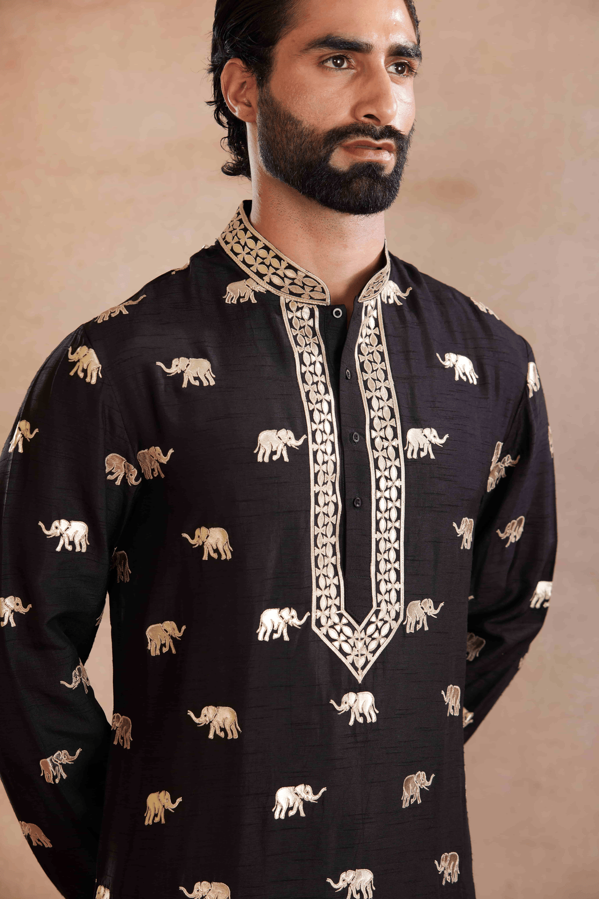 Black Raw Silk Kurta Set
