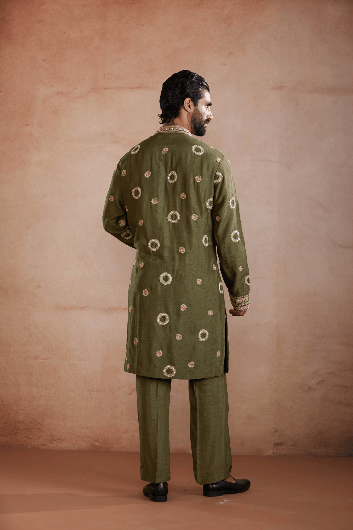 Olive Green Golden Embroidery Kurta Set