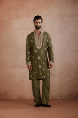 Olive Green Golden Embroidery Kurta Set