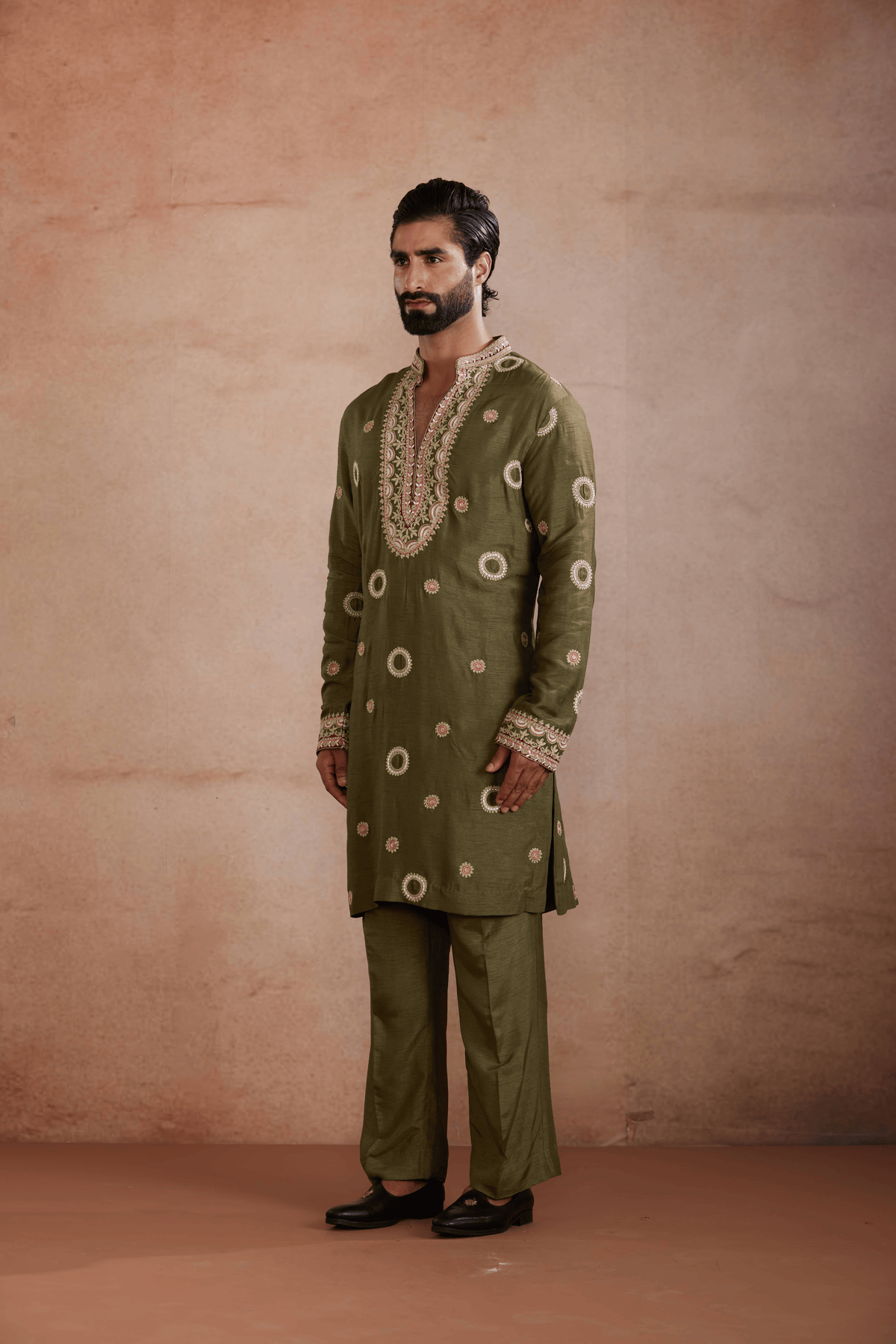 Olive Green Golden Embroidery Kurta Set