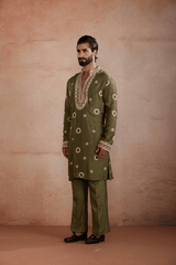 Olive Green Golden Embroidery Kurta Set