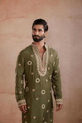 Olive Green Golden Embroidery Kurta Set