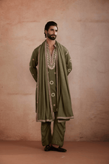 Olive Green Golden Embroidery Kurta Set