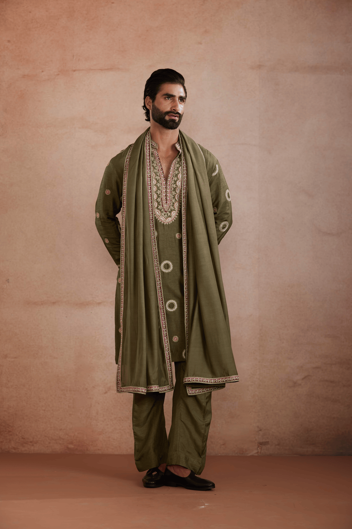 Olive Green Golden Embroidery Kurta Set