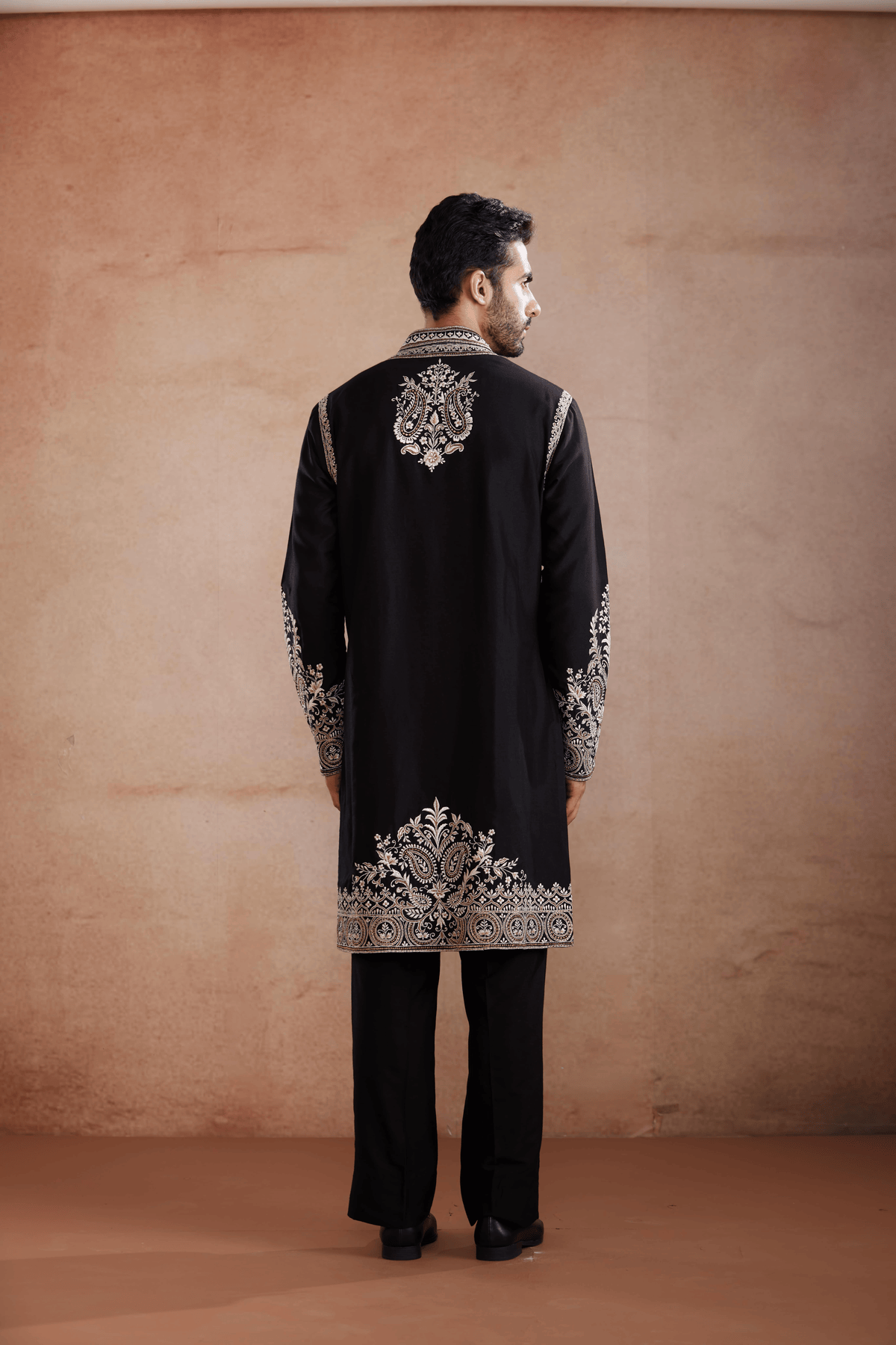 Black Raw Silk Kurta Set with Silver and Gold Zari