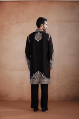 Black Raw Silk Kurta Set with Silver and Gold Zari