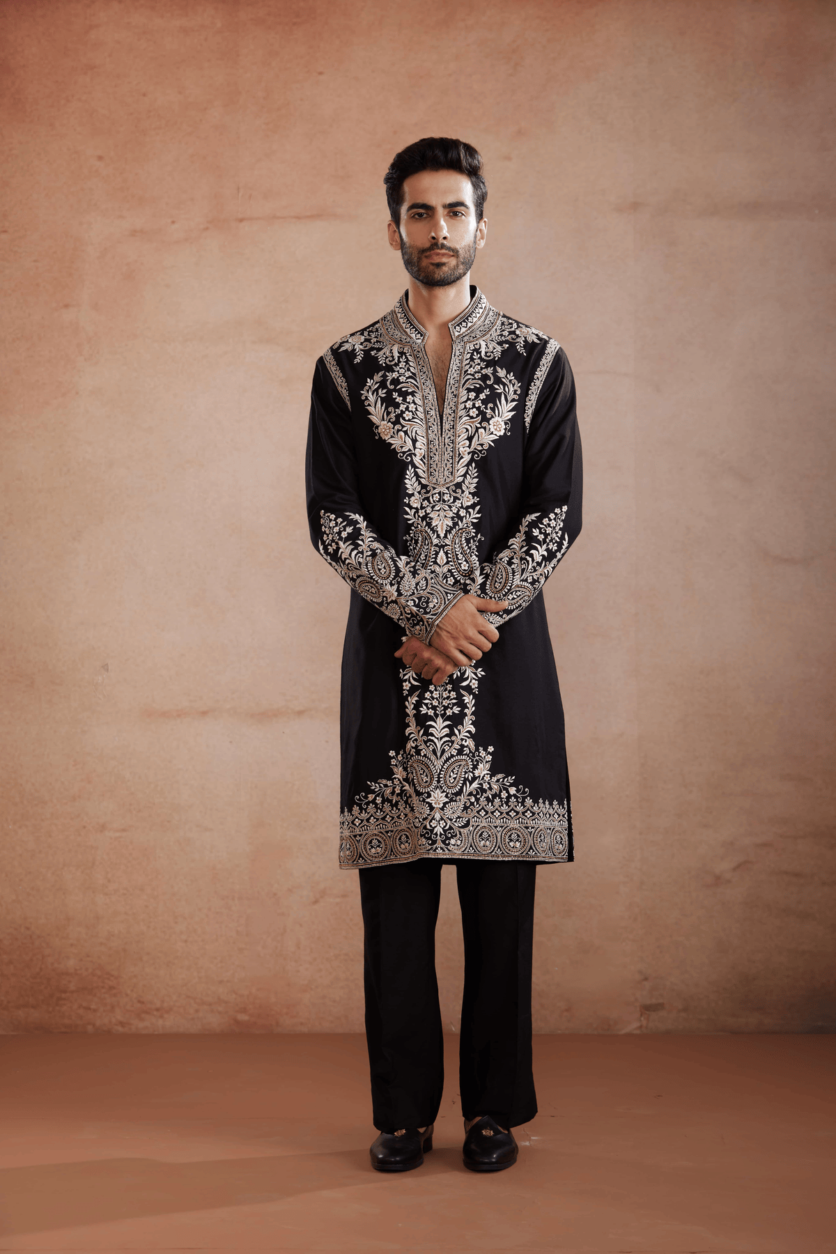 Black Raw Silk Kurta Set with Silver and Gold Zari