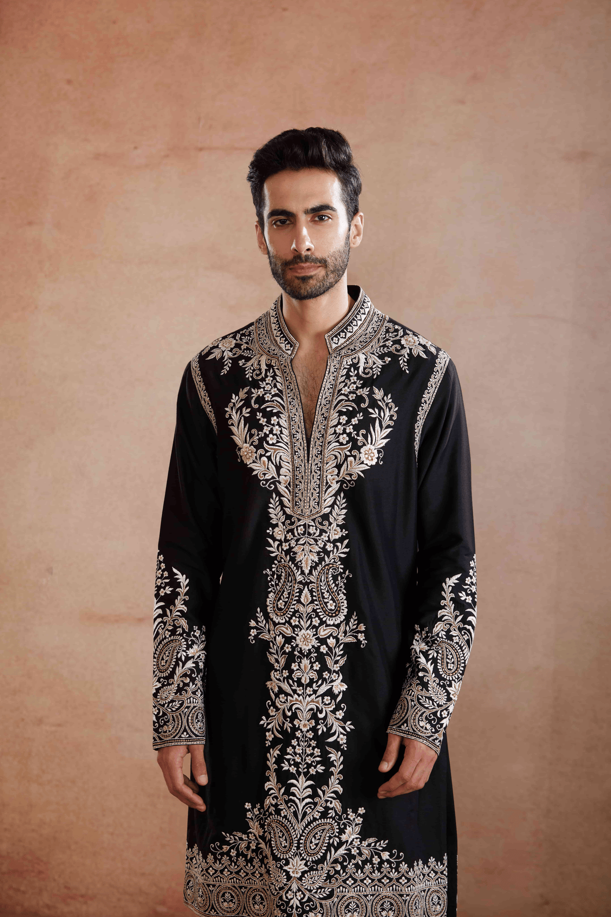 Black Raw Silk Kurta Set with Silver and Gold Zari