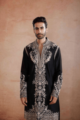 Black Raw Silk Kurta Set with Silver and Gold Zari