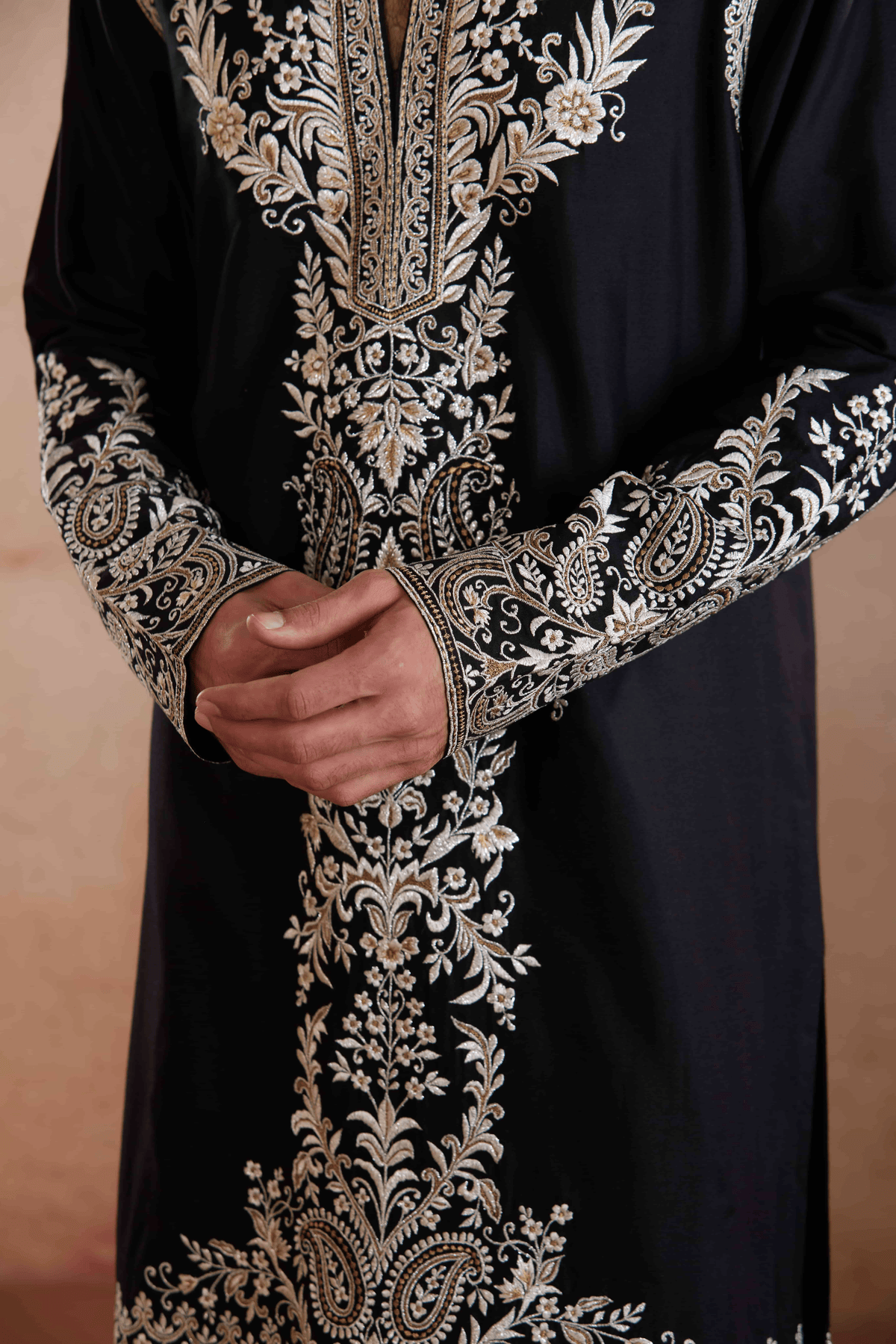 Black Raw Silk Kurta Set with Silver and Gold Zari