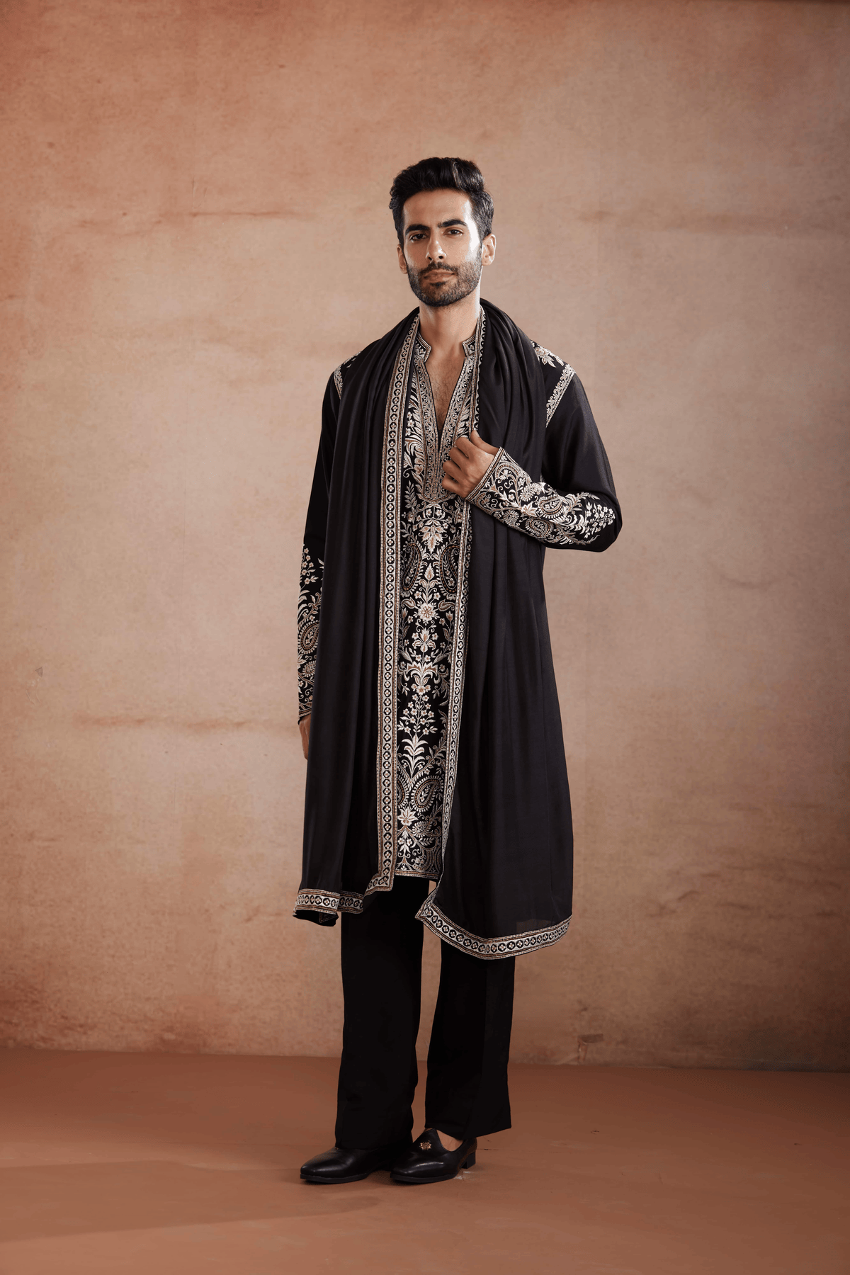 Black Raw Silk Kurta Set with Silver and Gold Zari