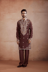 Coffee Raw Silk Kurta Set