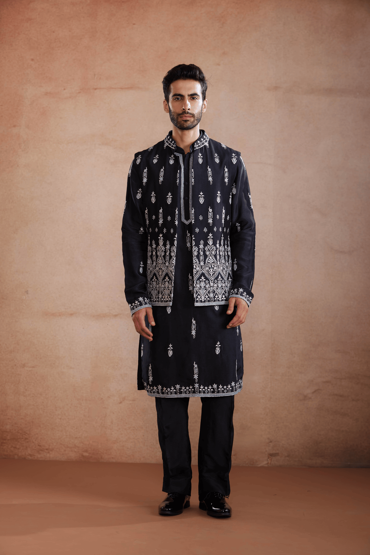 Deep Blue Raw Silk Sadri Set with Silver Zari