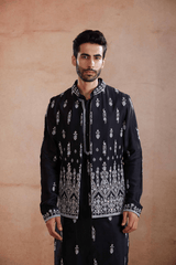 Deep Blue Raw Silk Sadri Set with Silver Zari