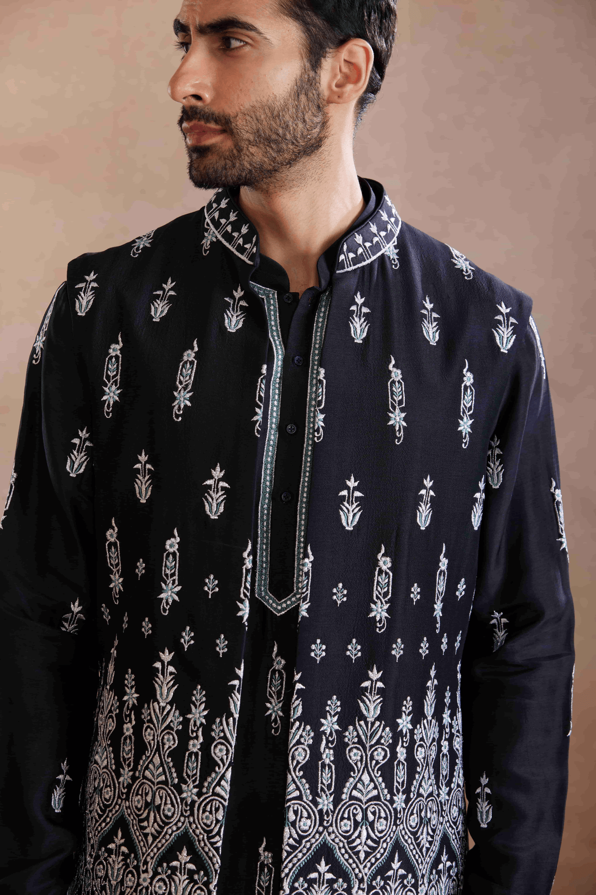 Deep Blue Raw Silk Sadri Set with Silver Zari