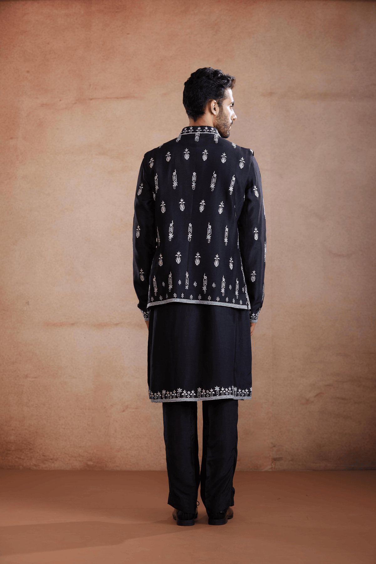 Deep Blue Raw Silk Sadri Set with Silver Zari