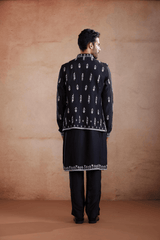 Deep Blue Raw Silk Sadri Set with Silver Zari