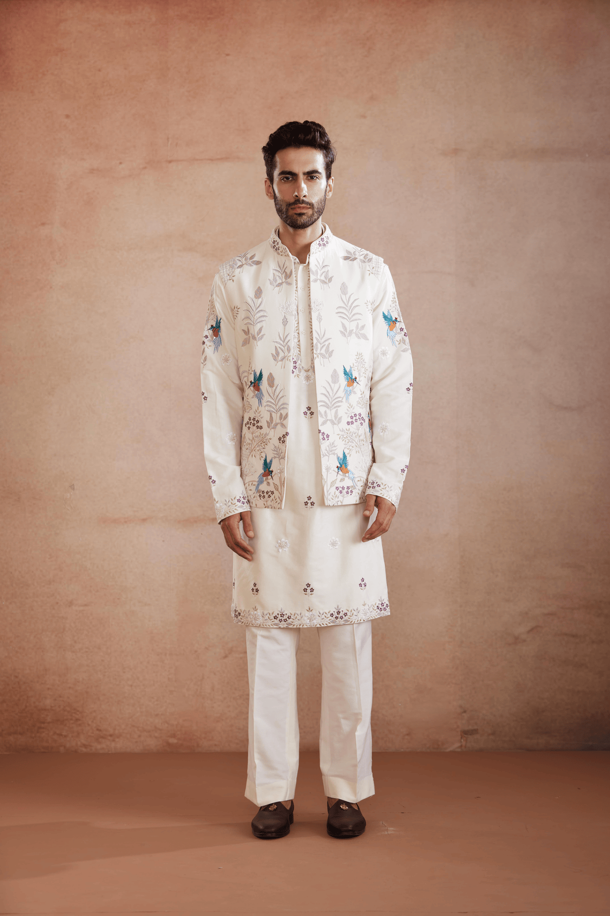 Cream Silk Kurta Set with Sadri