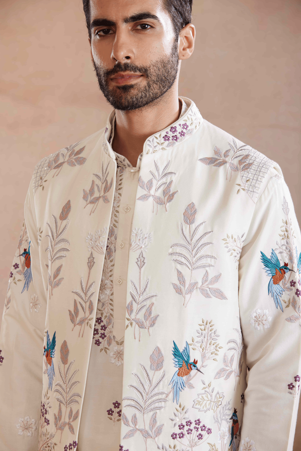 Cream Silk Kurta Set with Sadri