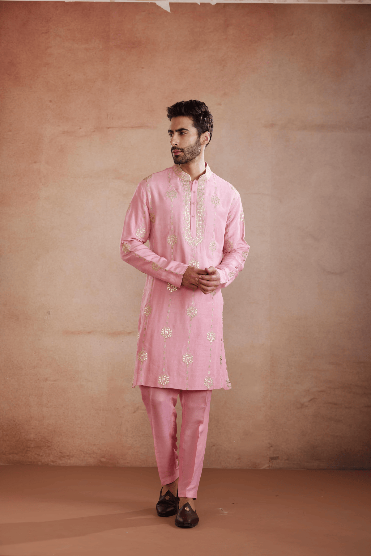 Pink Raw Silk Kurta Set with Gold Patch Work