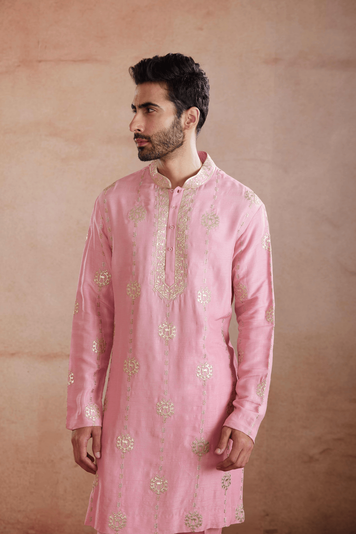 Pink Raw Silk Kurta Set with Gold Patch Work
