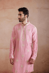 Pink Raw Silk Kurta Set with Gold Patch Work