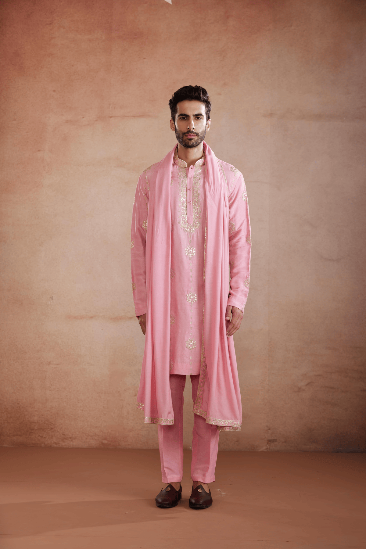 Pink Raw Silk Kurta Set with Gold Patch Work