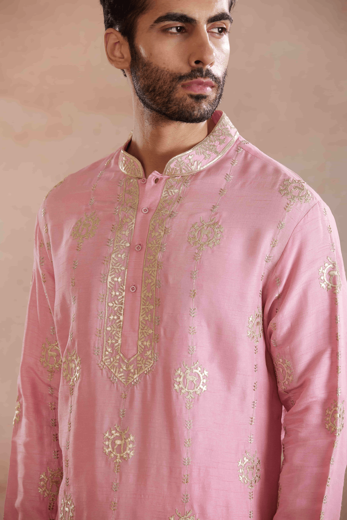 Pink Raw Silk Kurta Set with Gold Patch Work