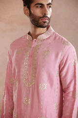 Pink Raw Silk Kurta Set with Gold Patch Work
