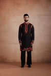 Black Silk Kurta Set with Appliqué Sadri