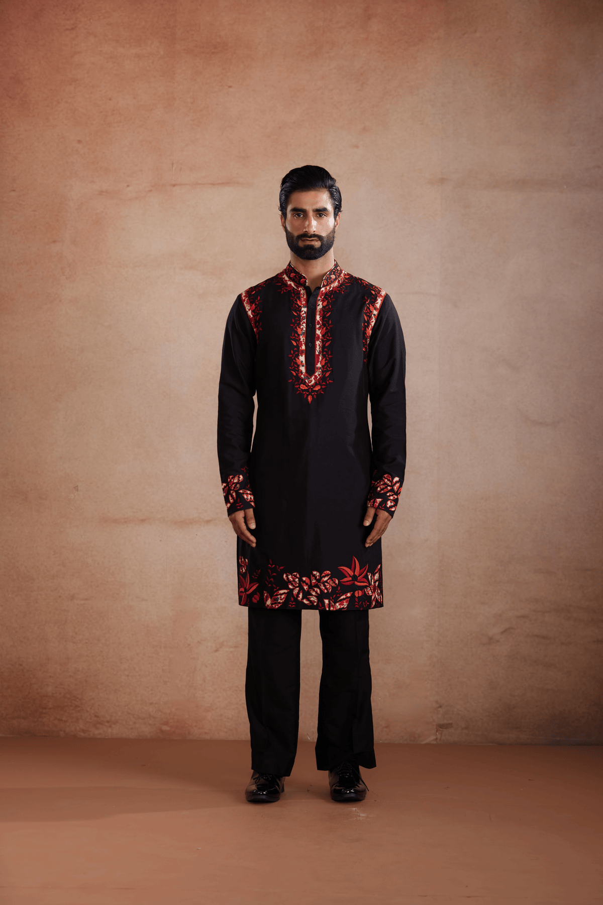 Black Silk Kurta Set with Appliqué Sadri