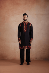 Black Silk Kurta Set with Appliqué Sadri
