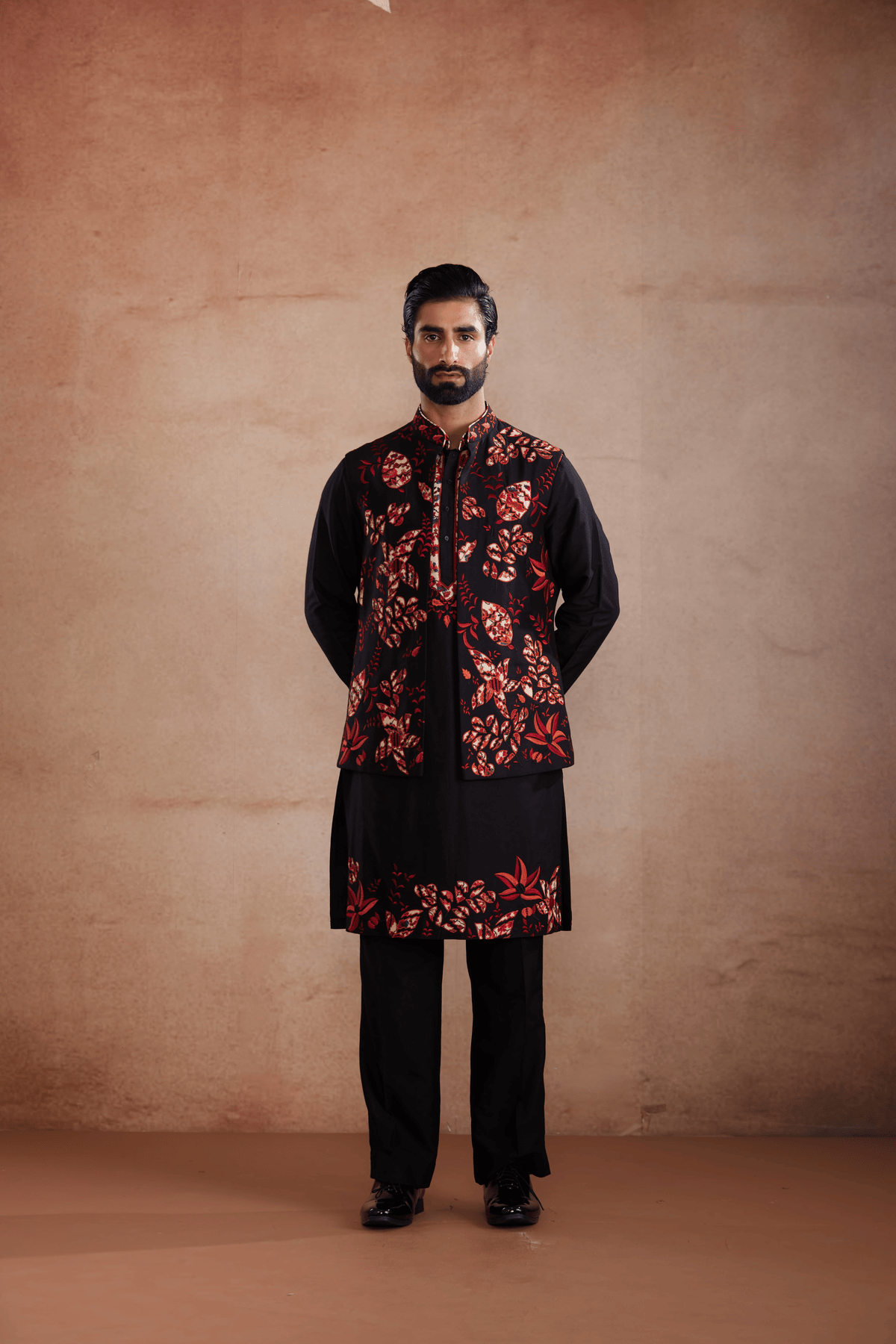 Black Silk Kurta Set with Appliqué Sadri