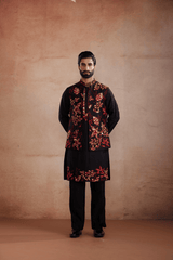 Black Silk Kurta Set with Appliqué Sadri