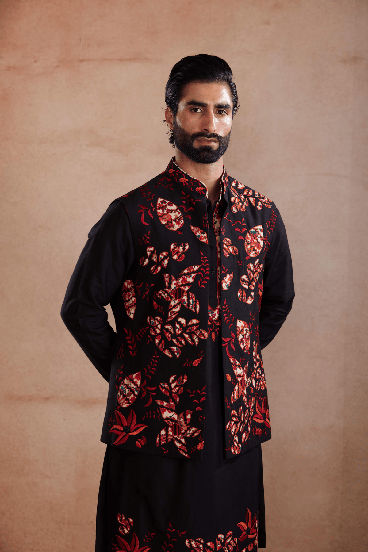 Black Silk Kurta Set with Appliqué Sadri
