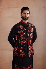 Black Silk Kurta Set with Appliqué Sadri