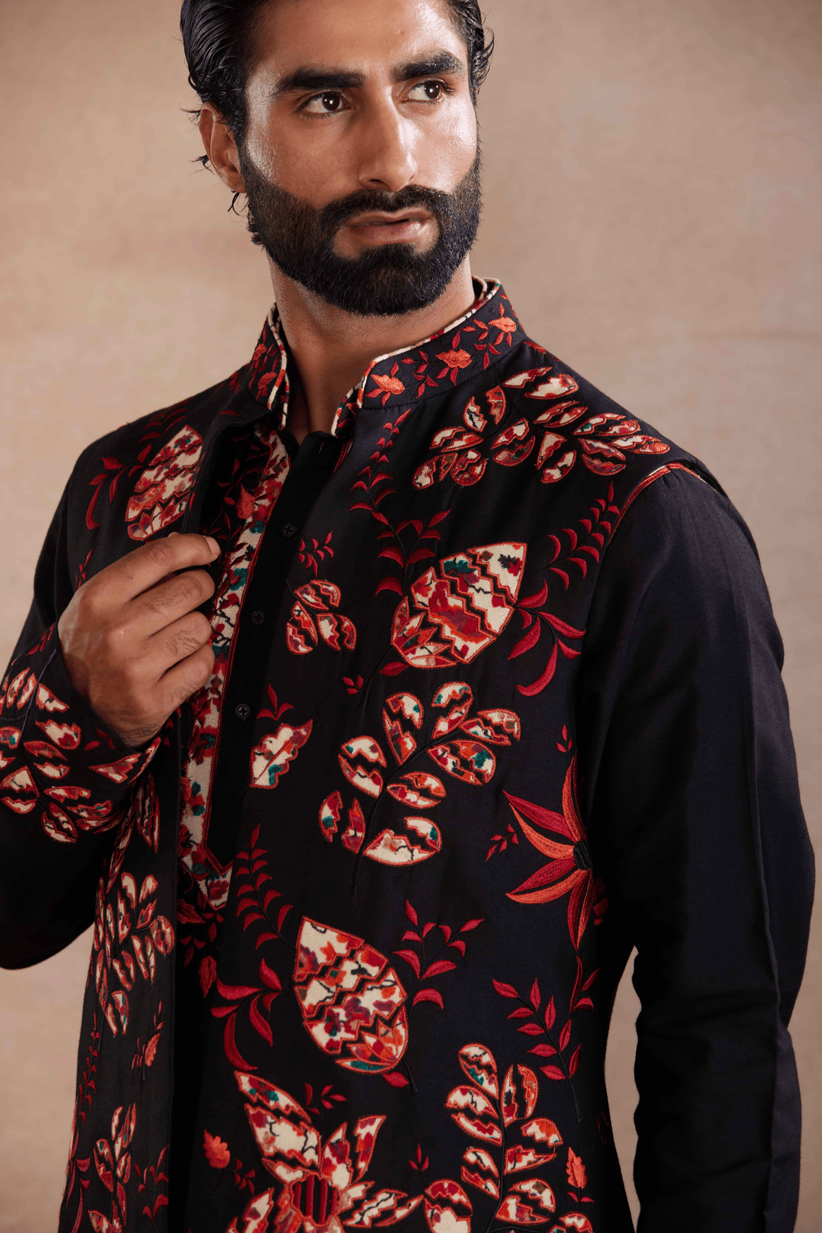 Black Silk Kurta Set with Appliqué Sadri