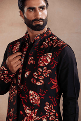 Black Silk Kurta Set with Appliqué Sadri