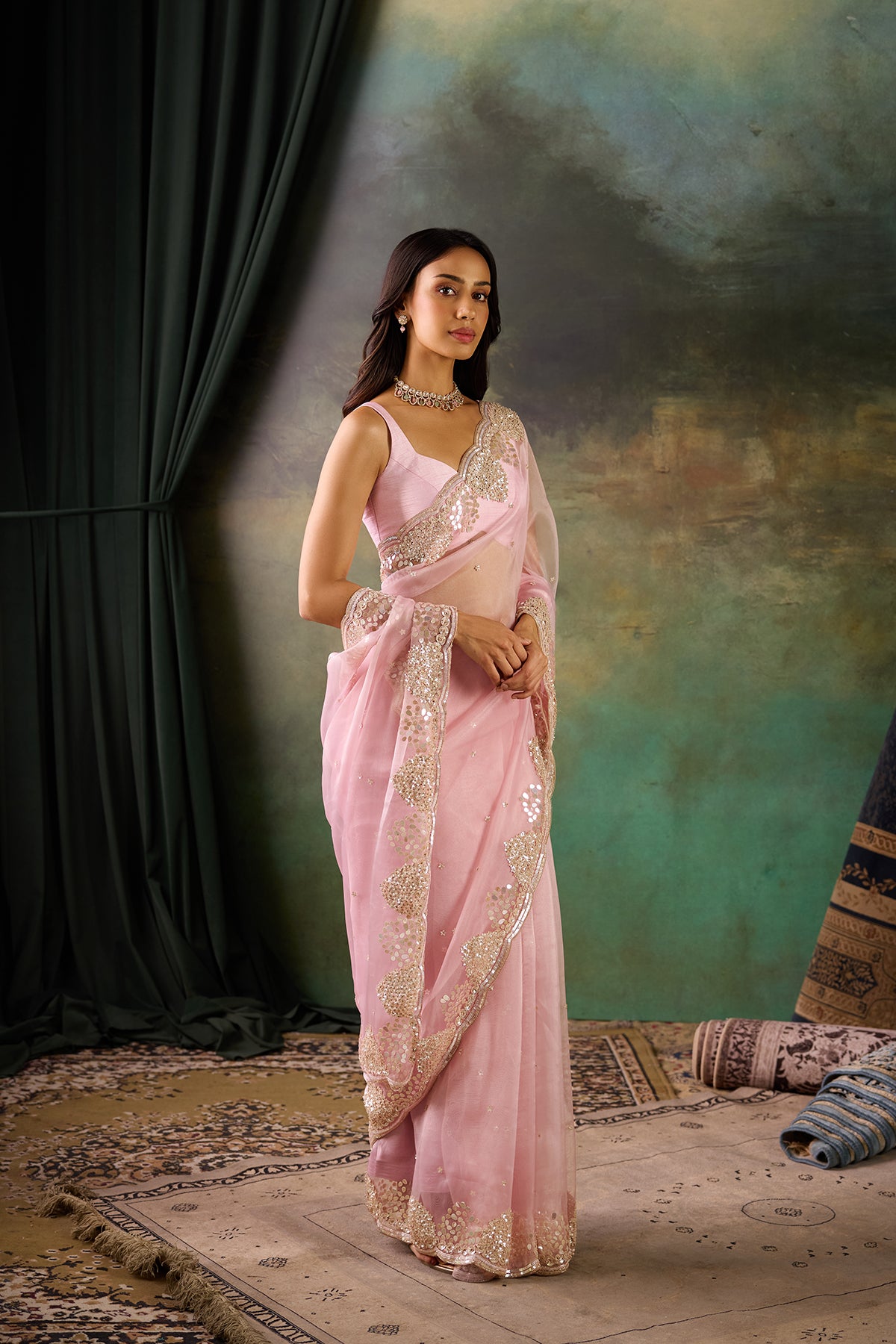 Pink Organza Hand Work Saree