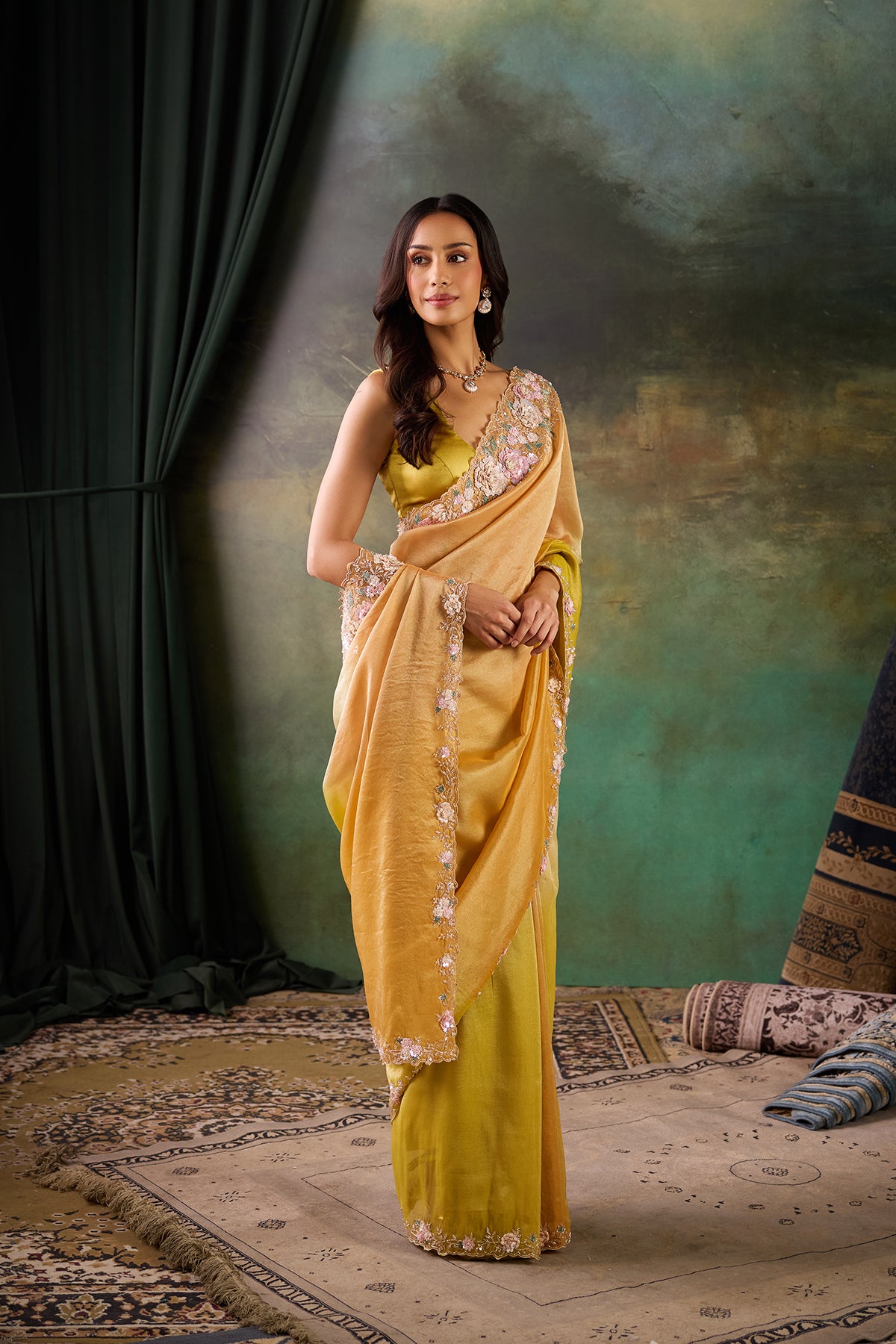 Yellow Organza Hand Work Saree