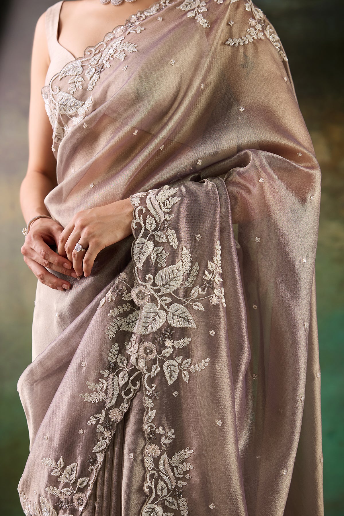 Grey / Aqua Glass Tissue Saree