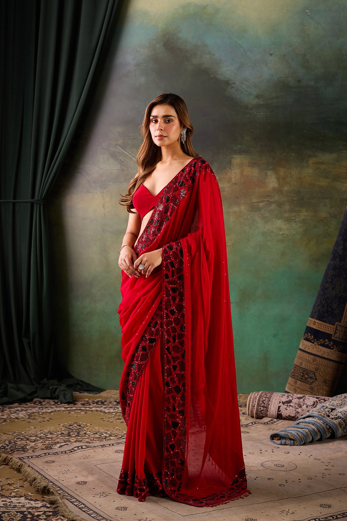 Red Chinon Saree