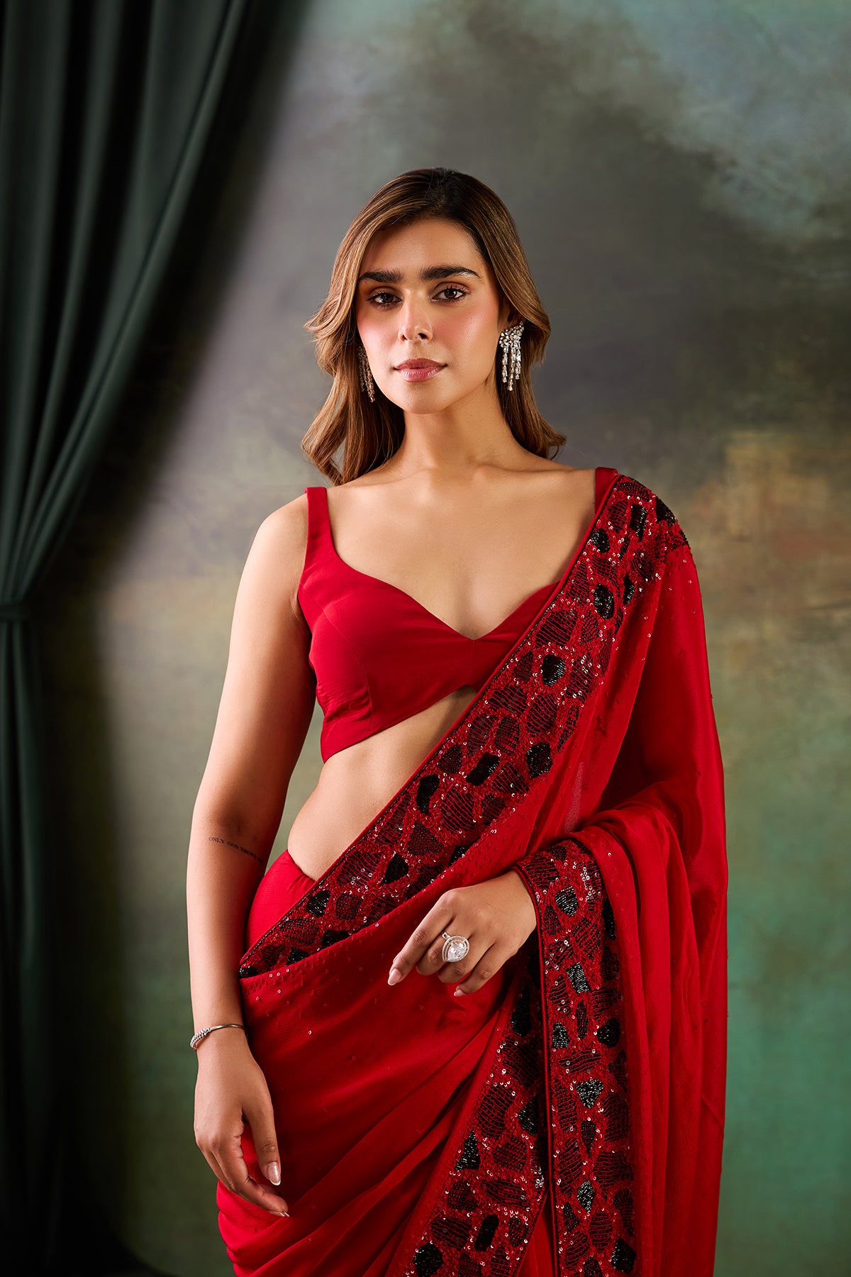Red Chinon Saree