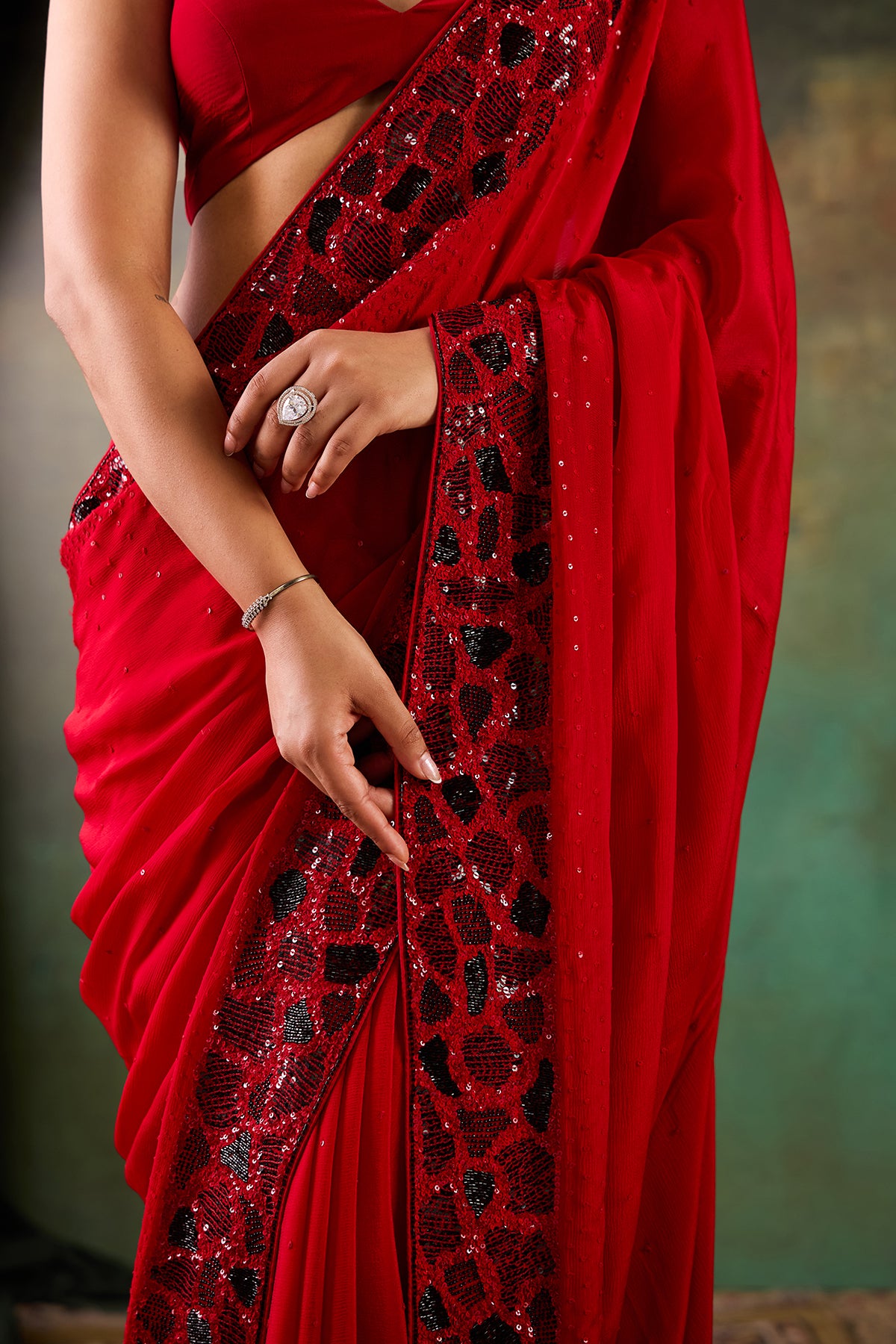 Red Chinon Saree